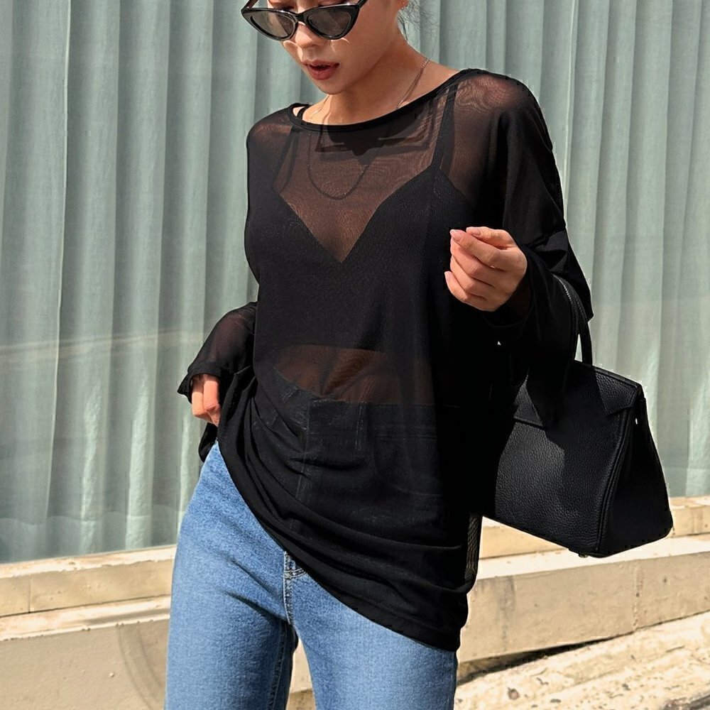 Black Boho Women's Solid Color Loose Fit Long Sleeve Round Neck Lightwei…